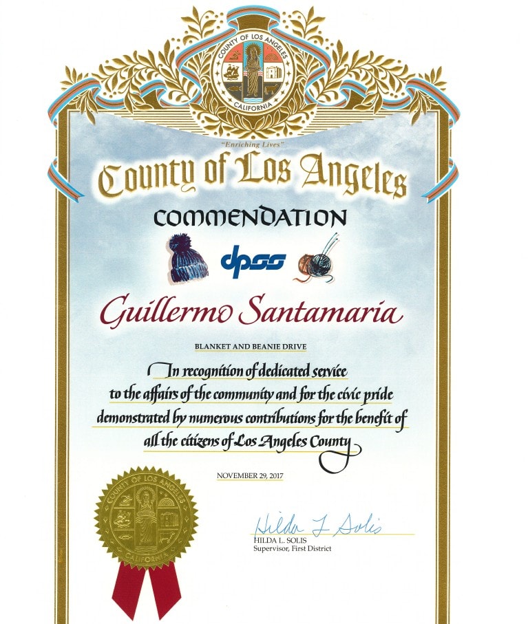 County of Los Angeles DPSS Commendation — Guillermo Santamaria, Blanket and Beanie Drive, November 29, 2017